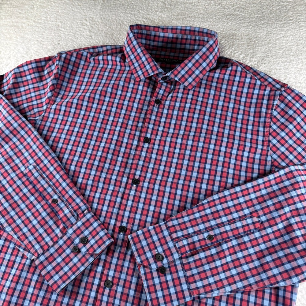Mizzen Main Leeward‎ XL Trim Fit Long Sleeve Button Up Red Blue Check Stretch